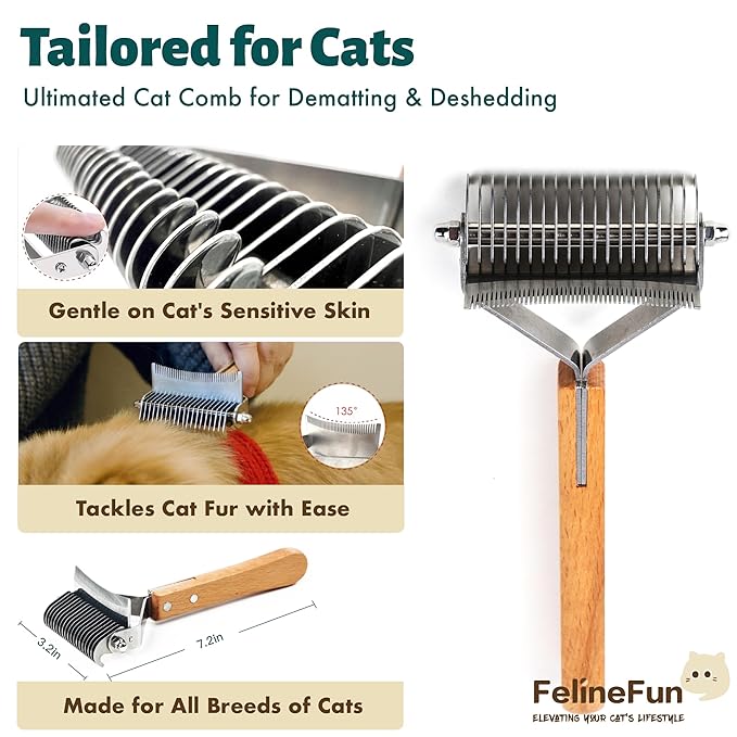 FelineFun Cat Brush for Dematting & Deshedding, 2 in 1 Undercoat Rake, Efficiently Remove Loose Hair & Matted Fur, Professional Shedding Comb for Indoor Cats & Long Haired Cats-PurrikoPets