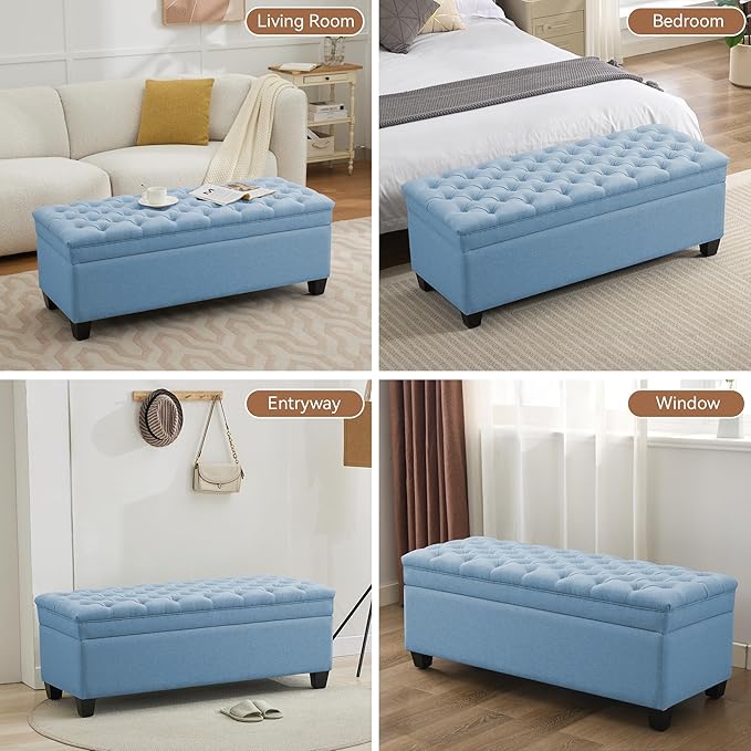 51" Fabric Storage Ottoman Bench, Upholstered Rectangle End of Bed Storage Ottoman Tufted Living Room Bedroom Bench with Safety Hinge, Solid Wood Legs, Loads 500 lb(Light Blue)-PurrikoPets