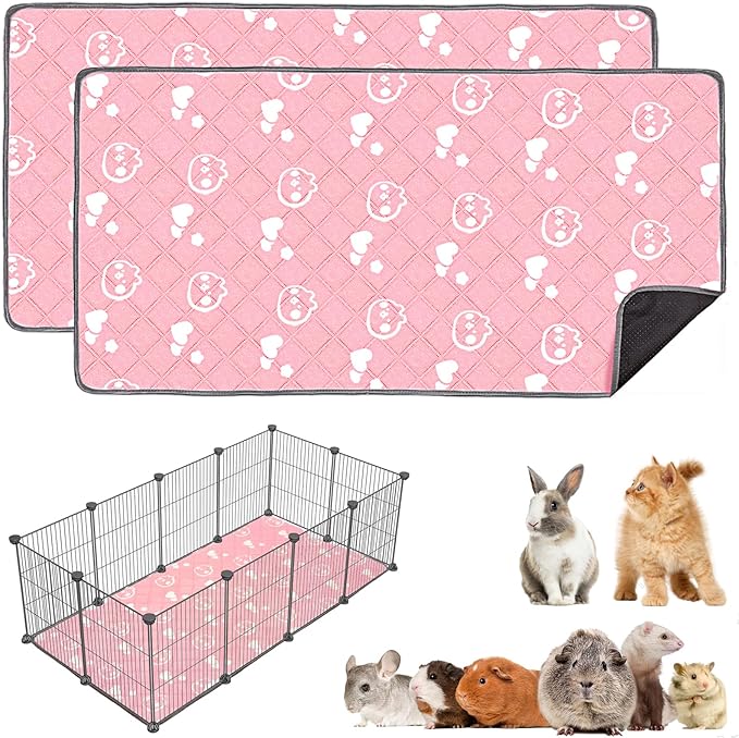 2 Pack Guinea Pig Bedding - Washable Guinea Pig Liners for C&C 2x4 Cage, Waterproof Reusable & Anti Slip Pee Pads Super Absorbent Mats for Small Animals Rabbit Hamster Rat (Pink, 57 x 28 Inch)-PurrikoPets
