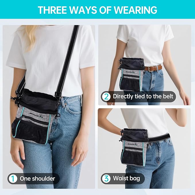 Dog Treat Pouches Training Walking Bag with Shoulder Strap, Large Space for Pets Food, Polyester Fabric, 3-Way Wearing Design, Portable Pet Bagand Easy to Clean, Black with Grey-PurrikoPets