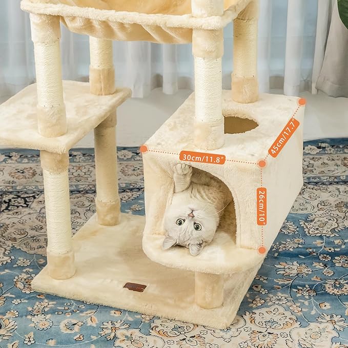 73 inches Large Cat Tree for Indoor Cats, Tall Cat Tower with Sisal Scratching Posts and Pads, Padded Plush Perch, Cozy Basket, Plush Condo for Large Cats (Beige)-PurrikoPets
