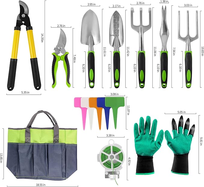 41-Piece Premium Gardening Tool Set, Stainless Steel Heavy Duty Gardening Tool Kit, with Non-Slip Rubber Grip, Storage Tote Bag, Outdoor Hand Tools, Ideal Gardening Gifts for All (Green/Grey)-PurrikoPets