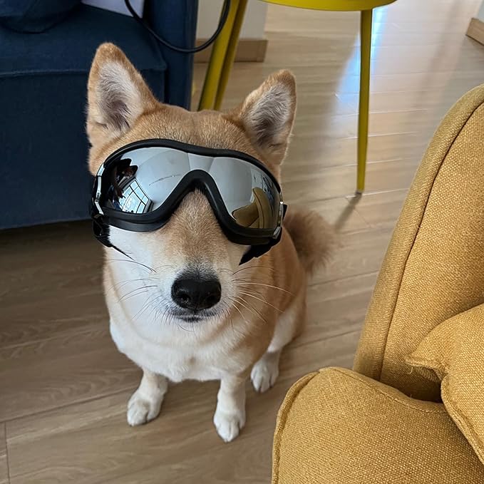 Dog Sunglasses for Large and Medium Breed, Dog Goggles for Large Dogs, Sun Protection, Windproof, Waterproof, Dustproof and Anti-Fog with Adjustable Strap for Driving, Motorcycle, Black-PurrikoPets