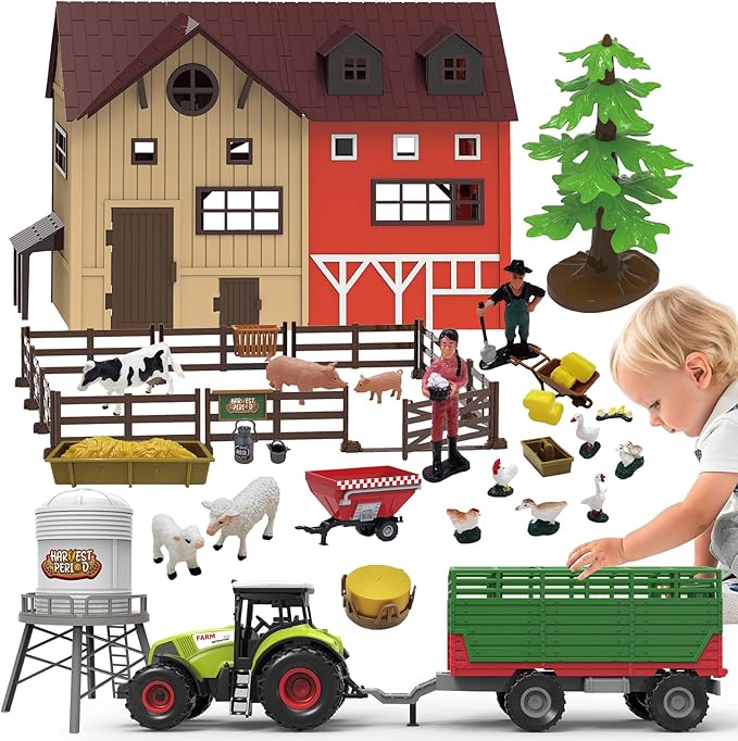 109PCS Farm Animals Toys Set Comes with Barn, Rice Storehouse, Rice Trolley, Milking shed, Farmer, Fence - Playset for Kids Toddlers Boys Girls 5+ Years Old-PurrikoPets