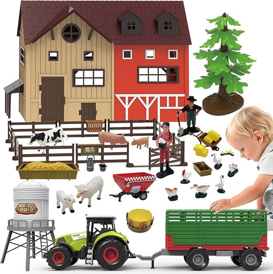 109PCS Farm Animals Toys Set Comes with Barn, Rice Storehouse, Rice Trolley, Milking shed, Farmer, Fence - Playset for Kids Toddlers Boys Girls 5+ Years Old-PurrikoPets