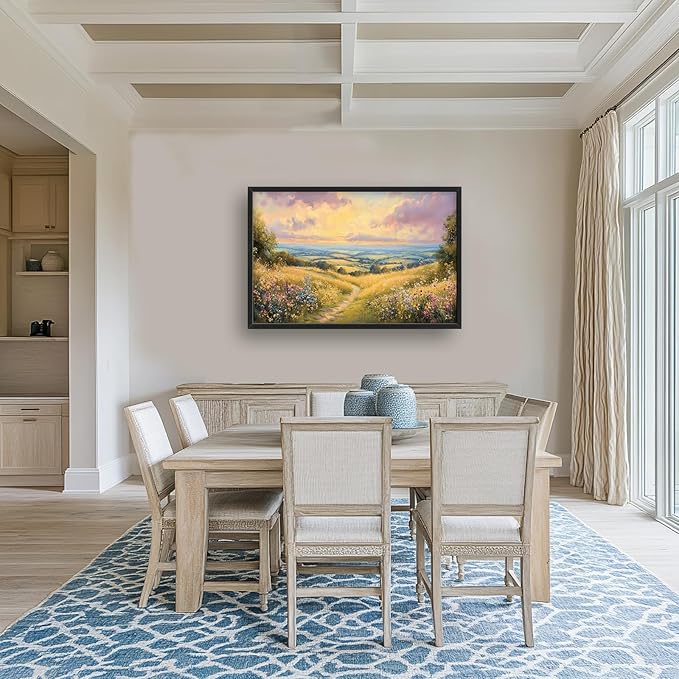 Framed Large Rustic Wall Art for Living Room, Oversized Farmhouse Countryside Nature Landscape Wall Decor Wildflower Field Canvas Painting Floral Pictures Modern Artwork for Bedroom Office 36"x24"-PurrikoPets