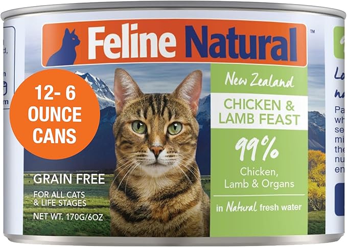 Feline Natural New Zealand Canned Catfood Wet Food, High-Meat, Low-Carb, & Grain Free Cat Food Wet, Chicken and Lamb Feast, 6 oz, Pack of 12-PurrikoPets