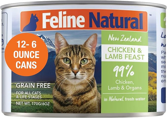 Feline Natural New Zealand Canned Catfood Wet Food, High-Meat, Low-Carb, & Grain Free Cat Food Wet, Chicken and Lamb Feast, 6 oz, Pack of 12-PurrikoPets