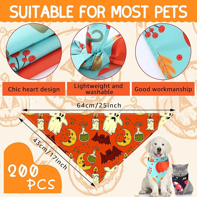 100 Pcs Halloween Dog Bandanas Bulk Pet Bibs Colorful Triangle Scarf Pet Bandanas for Medium Large Dogs Halloween Party Costume Decor-PurrikoPets