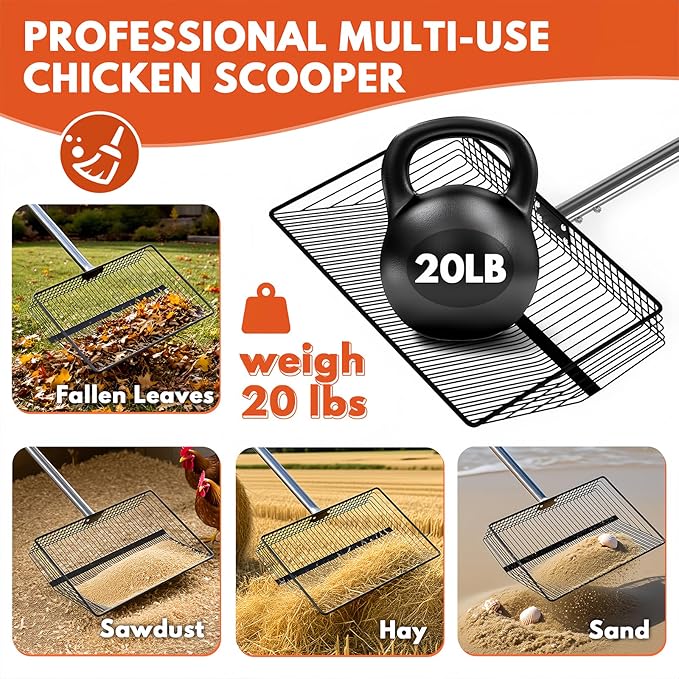 15inch Large Chicken Poop Scooper, 2 Slot Widths (0.16"&0.28"), 39" to 76" Adjustable Stainless Steel Handle, Sifting Litter Shovel for Chicken Coop/Stables/Farm Cleaning(with Effortless Grip)-PurrikoPets