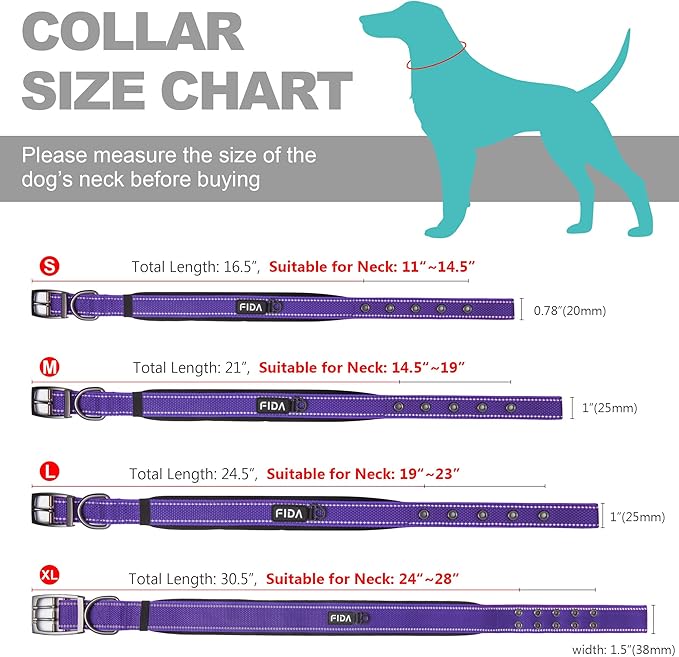 Fida Heavy Duty Dog Collar, Ultra Comfortable Soft Neoprene Padded, Adjustable Reflective Nylon Pet Collar with Durable Metal Belt Buckle for Small Breeds (S, Purple)-PurrikoPets