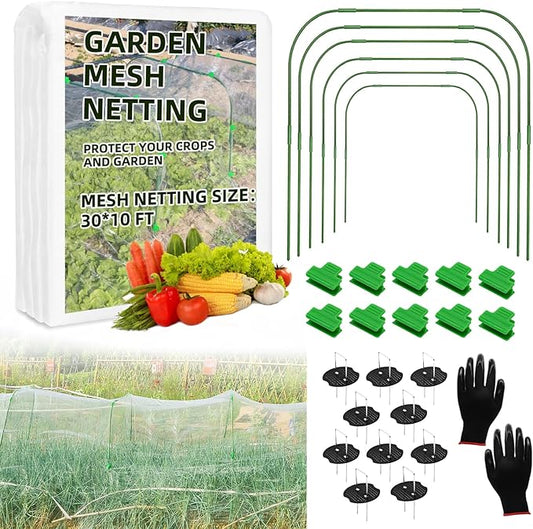Garden Netting Kit, 10X30 Ft Garden Ultra Fine Mesh Net Bird Barrier Protection with Garden Hoops for Protect Garden Vegetables Flowers Shrubs Fruit Trees Indoors & Outdoors Plant Beds Greenhouse-PurrikoPets