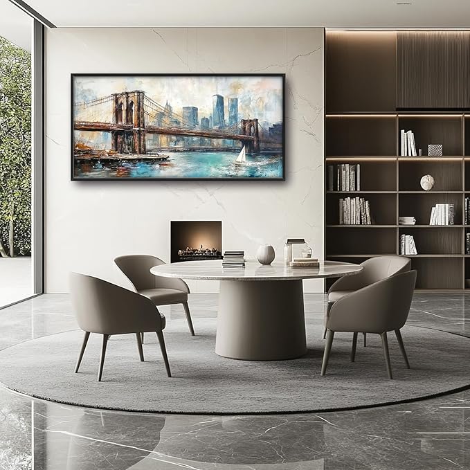 Extra Large Framed Brooklyn Bridge Wall Art,New York City Wall Decor,Abstract Skyline Cityscape Pictures for Living Room,Canvas Print Painting Modern Artwork Bedroom Office Bathroom 60L x30W-PurrikoPets