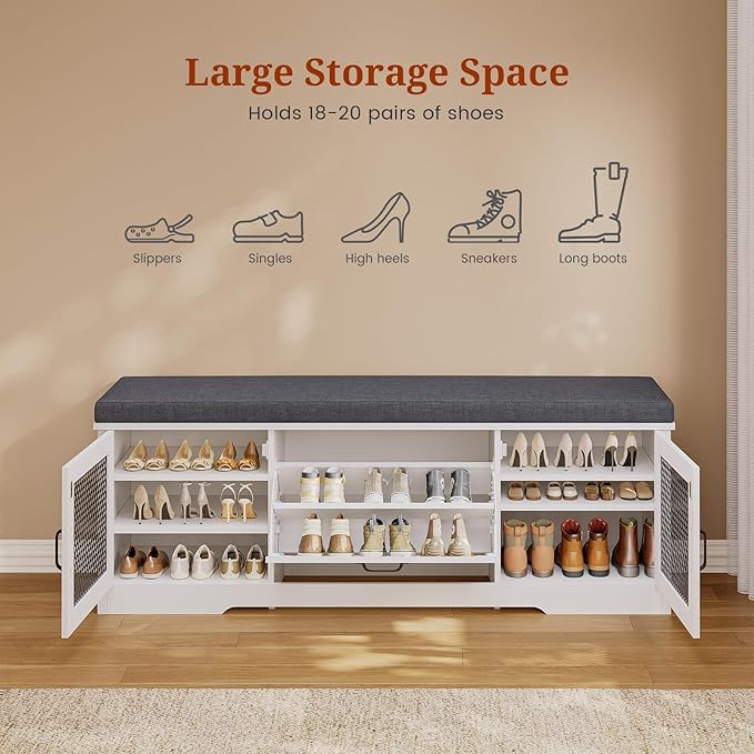 Farmhouse Storage Bench with Flip Drawers & Padded Seat Cushion, Half Hidden Shoe Rack Organizer, Adjustable Shelf Shoe Cabinet for Large Family, Entryway, Bedroom, Living Room (White)-PurrikoPets