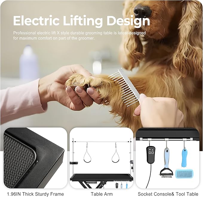 Electric Pet Grooming Table for Large Dogs - Professional Heavy Duty Height Adjustable Pet Grooming Station with Anti Slip Tabletop, Two Nooses & Tool Organizer, Maximum Capacity Up to 250 lbs Black-PurrikoPets