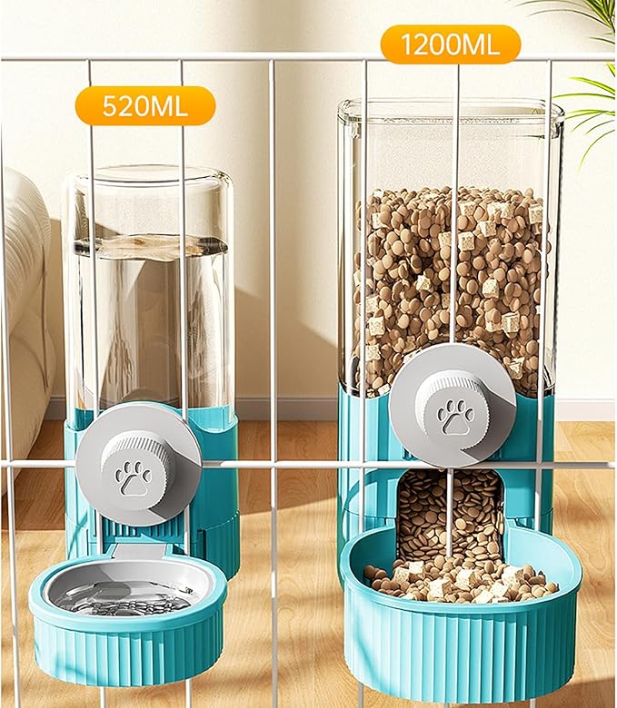 GKYZBB Hanging Automatic Food Water Dispenser,Rabbit Feeder Guinea Pig Water Bottle Food Feeder for Ferret Guinea Pig Rabbit Bunny Cage Accessories (Blue, 520ml+1200ml)-PurrikoPets