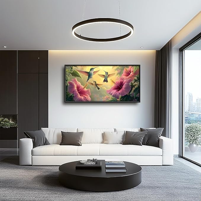 Framed Large Hummingbird Wall Art for Living Room, Oversized Rustic Bird Flower Wall Decor Floral Canvas Painting Nature Sunrise Pictures Modern Artwork for Bedroom Office Dinging Room 60"x30"-PurrikoPets