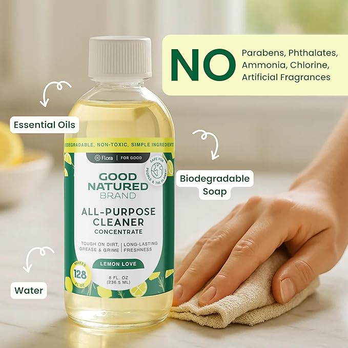 Good Natured Brand All-Purpose Cleaner Concentrate | Multi-Surface Cleaner | Natural Lemon Essential Oil | Multipurpose Cleaner Concentrate All Surfaces | Lemon Love | 8oz makes 128oz-PurrikoPets