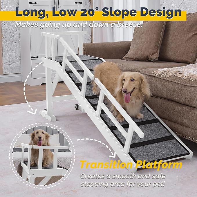 Dog Ramp for Bed or Couch, Wooden Pet Ramp with 20° Gentle Slope, Removable Side Rails, Non-Slip Surface, Top Platform & Wheels, Safe Bed Ramp for Small, Medium & Senior Dogs, 60" Long, White-PurrikoPets