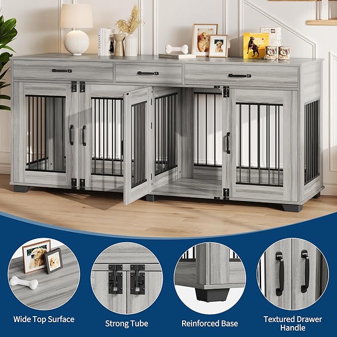 71 Inch Dog Crate Furniture for 2 Rooms, Wooden Double Crate Large Breed with Door, Dog Kennel Indoor, TV Stand End Table with Divider for Large Medium Dogs,Grey-PurrikoPets