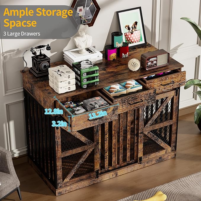 48'' Dog Crate Furniture with Removable Divider & Storage Drawers, Wooden Double Dog Cage TV Stand with 2 Sliding Barn Doors, Multi-Functional Dog Crate End Table for Indoor use (Retro Brown)-PurrikoPets