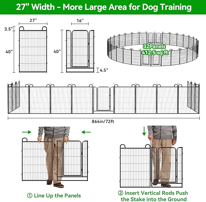 Dog Playpen Outdoor 32 Panels Heavy Duty Dog Fence 40" Height Anti-Rust with Doors Portable for RV Camping Yard, Total 71FT, 406 Sq.ft, Snowy Black-PurrikoPets