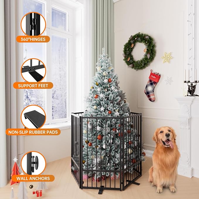 Full Metal Freestanding Dog Gate with Door, 36''Height Foldable Pet Dog Fence for Indoor & Outdoor, 6 Panels Extra Wide Free Standing TallDog Gates for Doorways,House,Stairs,Porch,Deck,Yard-PurrikoPets