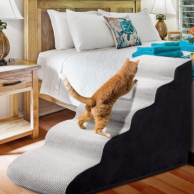 Dog Stairs&Steps for High Beds Up to 28'', 5-Step Dog Ramp for Small Medium Dogs with Washable Cover, Pet Steps for Cats to Get on Couch and Sofa, Durable Foam Ladders, 24.4" Tall, Grey-PurrikoPets