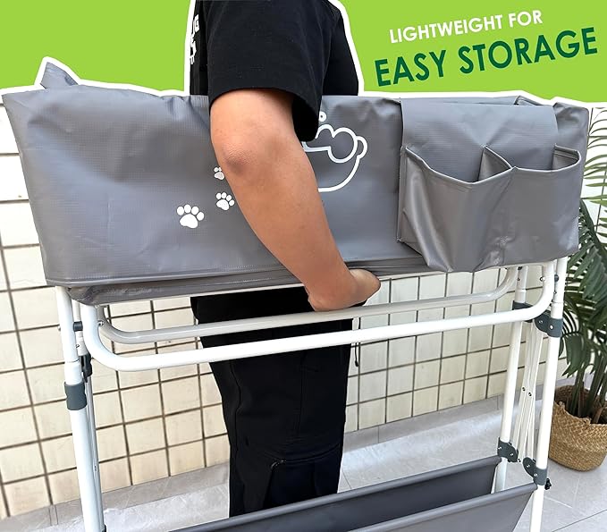 Elevated Dog Bathtub, Portable Dog Washing Station for Home with Towel Bar & Storage, Folding Pet Bath Tub for Small & Medium Dogs-PurrikoPets