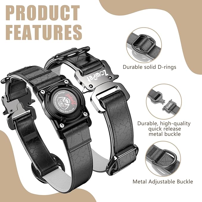 AirTag Dog Collar - Leather Dog Collar with Airtag Holder | IP68 Waterproof AirTag Holder with Metal Buckle, Comfortable GPS Dog Collars Tracker for Medium Large Dogs (Black, M)-PurrikoPets