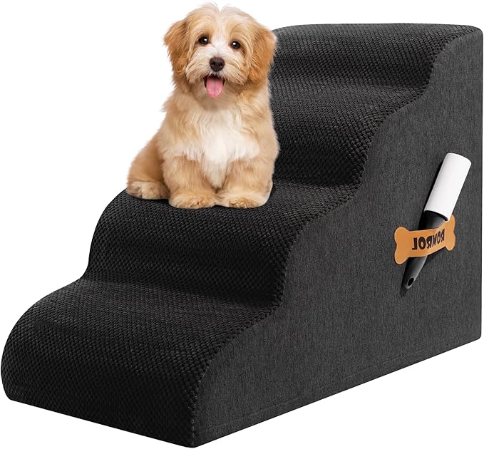 Dog Stairs, Romrol Dog Steps Ramp for High Bed and Couch, Dogs Ramp with Durable Non-Slip Waterproof Fabric Cover, Pet Stairs for Small Dogs and Cats or Pets Joints, 4-TiersBlack-PurrikoPets