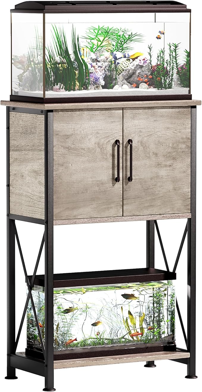 5-10 Gallon Fish Tank Stand, Metal Double Aquarium Stand with Cabinet for Fish Tank Accessories Storage, Heavy Duty 20.5" L* 11.02" W Tabletop, 500LBS Capacity Grey PG06YGZ-PurrikoPets