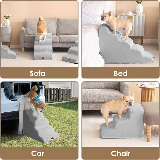 EHEYCIGA Curved Dog Stairs Ramp for High Beds 19.7" H, 4-Step Dog Steps for Small Dogs and Cats, Pet Stairs for High Bed Climbing, Non-Slip Balanced Pet Step Indoor, Light Grey-PurrikoPets
