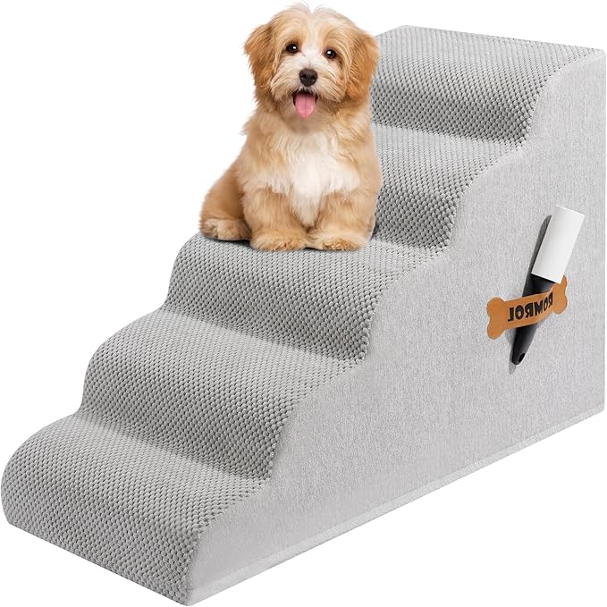 Dog Stairs, Romrol Dog Steps Ramp for High Bed and Couch, Dogs Ramp with Durable Non-Slip Waterproof Fabric Cover, Pet Stairs for Small Dogs and Cats or Pets Joints, 4-TiersLight Grey-PurrikoPets