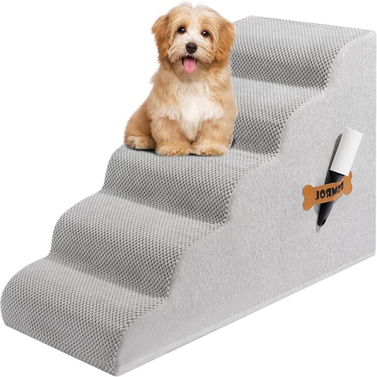 Dog Stairs, Romrol Dog Steps Ramp for High Bed and Couch, Dogs Ramp with Durable Non-Slip Waterproof Fabric Cover, Pet Stairs for Small Dogs and Cats or Pets Joints, 4-TiersLight Grey-PurrikoPets
