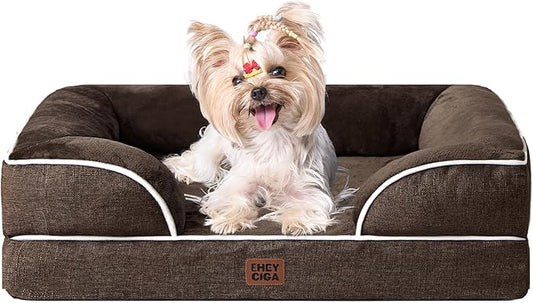EHEYCIGA Orthopedic Dog Bed for Small Dogs, Waterproof Memory Foam Small Dog Beds with Sides, Non-Slip Bottom and Egg-Crate Foam Medium Pet Couch Bed with Washable Removable Cover, Brown-PurrikoPets