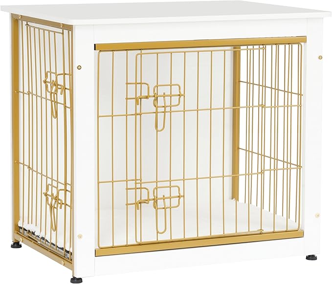 DWANTON Dog Crate Furniture with Cushion, Wooden Kennel Table with Double Doors, Indoor Dog House, Small/Medium/Large Size, 27.2" L, White-PurrikoPets