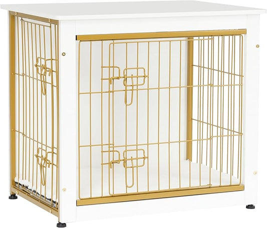 DWANTON Dog Crate Furniture with Cushion, Wooden Kennel Table with Double Doors, Indoor Dog House, Small/Medium/Large Size, 27.2" L, White-PurrikoPets