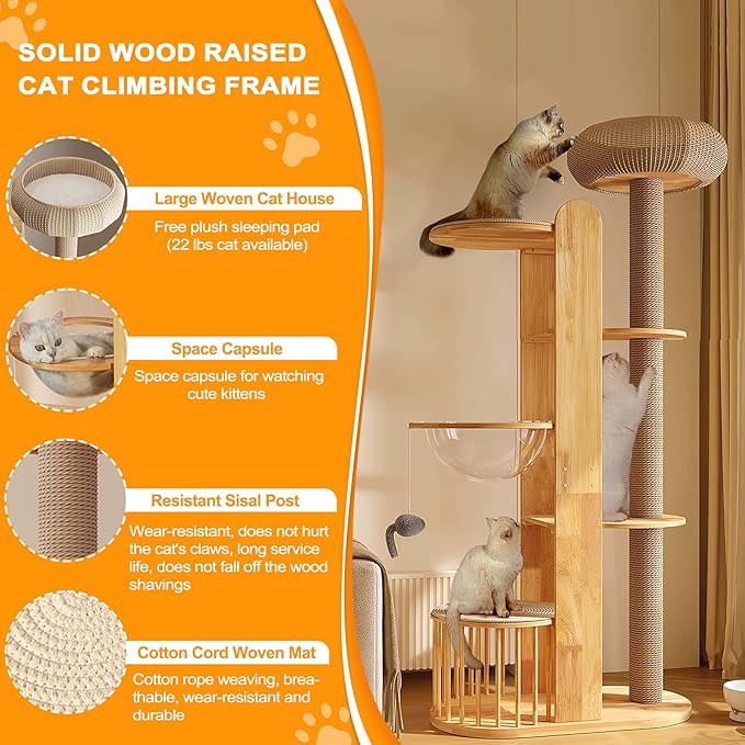 75 inch Cat Tree Tower for Indoor Cats Large Adult, Modern Big Cat Climbing Tower, Tall Cats Post, Corner Wood Cute Cat Condo with Sisal Scratching Posts-PurrikoPets
