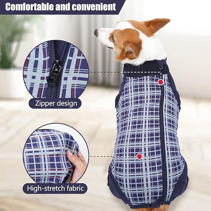 Dog Recovery Suit, Abdominal Wound After Surgery Wear, Anti Licking Bodysuit with Zipper, E-Collar & Cone Alternatives, Plaid Dog Spay Surgical Shirt Prevent Shedding(3XL, Blue)-PurrikoPets