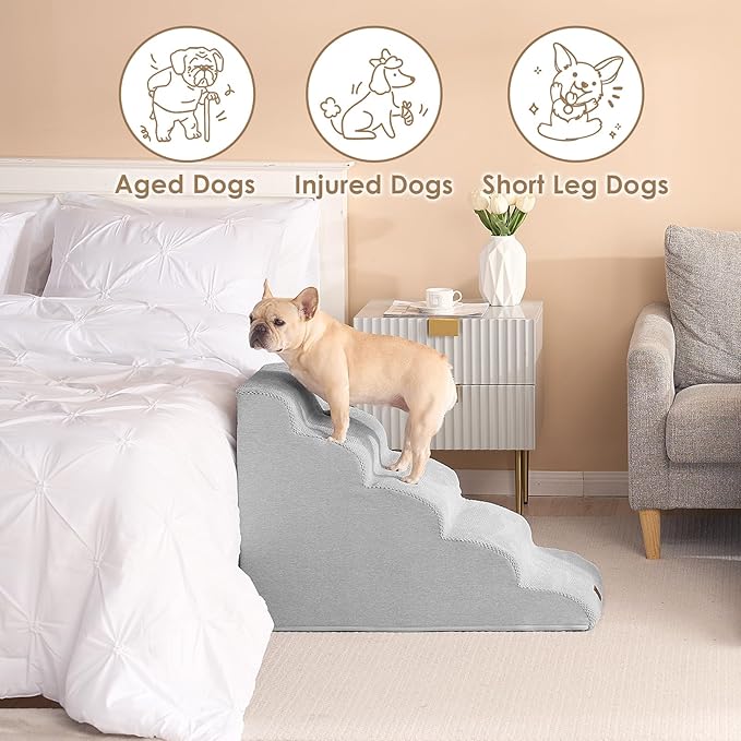 EHEYCIGA Curved Dog Stairs Ramp for High Beds 22.6" H, 5-Step Dog Steps for Small Dogs and Cats, Pet Stairs for High Bed Climbing, Non-Slip Balanced Pet Step Indoor, Light Grey-PurrikoPets