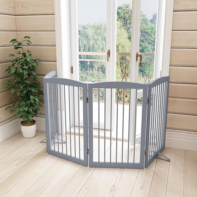 Freestanding Wooden Pet Gate - Foldable Indoor Dog Gate, 80 Inch Wide, 4 Panels, Grey-PurrikoPets