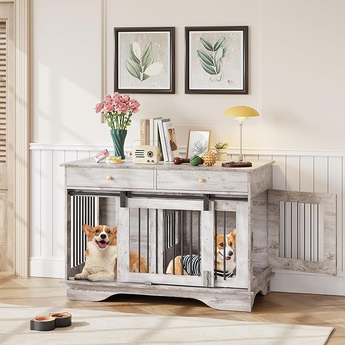 Dog Furniture Crate, 47" Large Dog Crate Furniture w/ 2 Storage Draws & Removable Divider for Large/Medium/Small Dogs (Grey, One Cage)-PurrikoPets