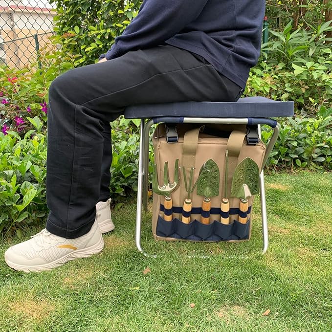 Garden Folding Gardener Stool with Gardening Tools Insulation Garden Bags Plus 5 Garden Tools and Gardening Kneeler Ideal Gift for Mother's Day/Father's Day (Navy Blue)-PurrikoPets