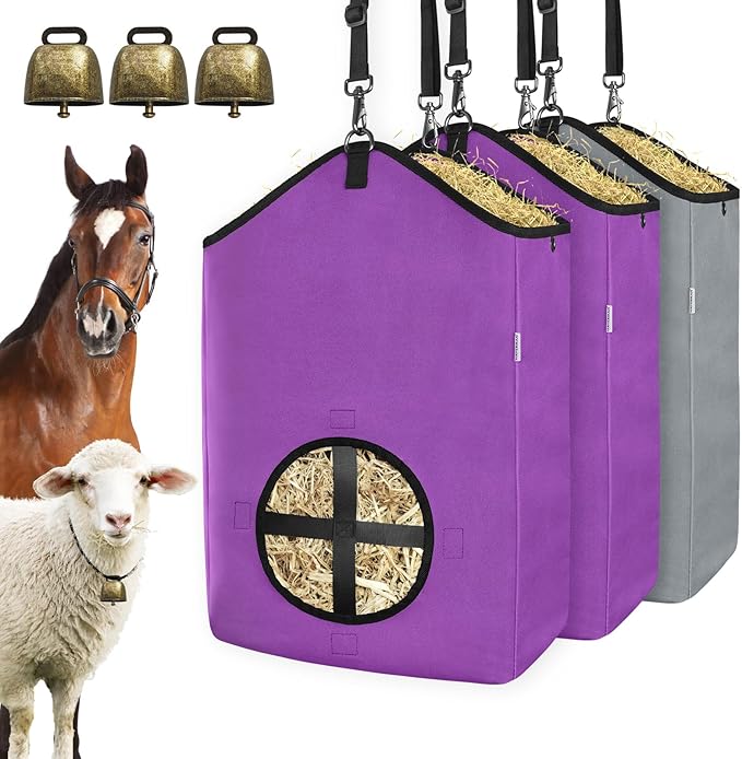 3 PCS Goat Hay Feeder,Hay Bags for Horses,Goats,Donkeys with Reinforced Oxford Fabric and High Strength Metal Clasp,Horse Feeding Supplies with Adjustable Strap for Easy Hanging (2Purple+1Grey)-PurrikoPets