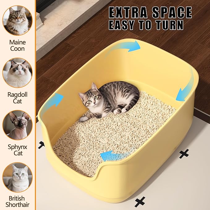Gefryco Large Cat Litter Box with High Sided 24.6"x18.3"x12.2" - Jumbo Extra Large Open Anti - Splashing High Wall for Multiple Cats (Yellow)-PurrikoPets