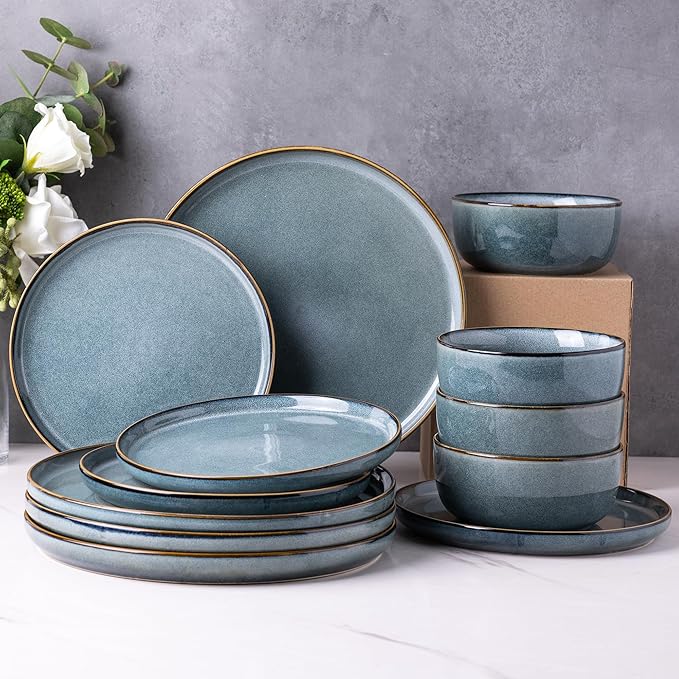 GBHOME Ceramic Dinnerware Sets for 6, 18 Pieces Stoneware Plates and Bowls Sets, Scratch Resistant Dishes, Dishwasher & Microwave Safe, Space Blue-PurrikoPets
