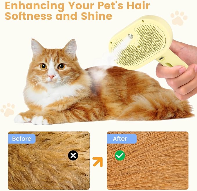 3 in 1 Cat Steam Brush, Pet Spray Hair Removal Comb for Shedding & Grooming, Water Brush for Cats Dogs Small Animals Long Short Haired with One-Click Release Button(Yellow)-PurrikoPets