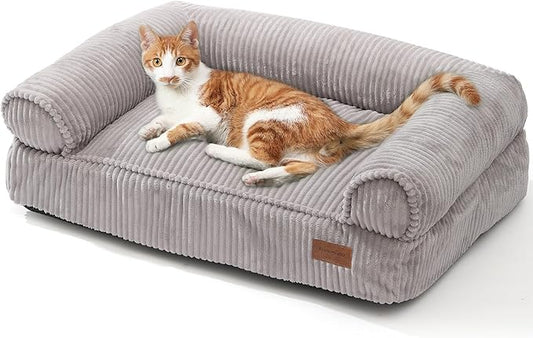 FUKUMARU Dog Couch Bed, Corduroy Cozy Cat Bed for Indoor Cats with Washable Cover, Supportive Waterproof Dog Beds Sofa for Small Dogs and Large Cats Cute, 28inch, Medium, Light Grey-PurrikoPets