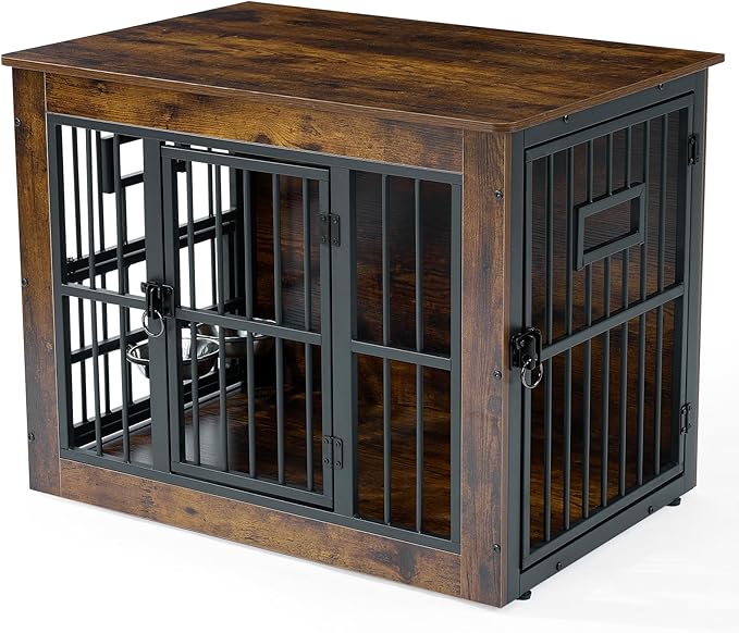 Gardner Pet Dog Crate Furniture for Medium Dogs, 32.7 Inch Dog Kennel Indoor, Wooden Dog Cage End Table with 2 Removable Bowls, Heavy Duty Dog Crate, Rustic Brown-PurrikoPets